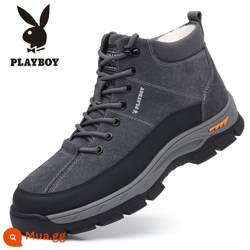 Playboy Giày cotton nam mùa đông phong cách mới Plus nhung dày len ấm cổ cao-top nam giày bốt tuyết Đông Bắc - 22019 xám [len cộng với nhung]