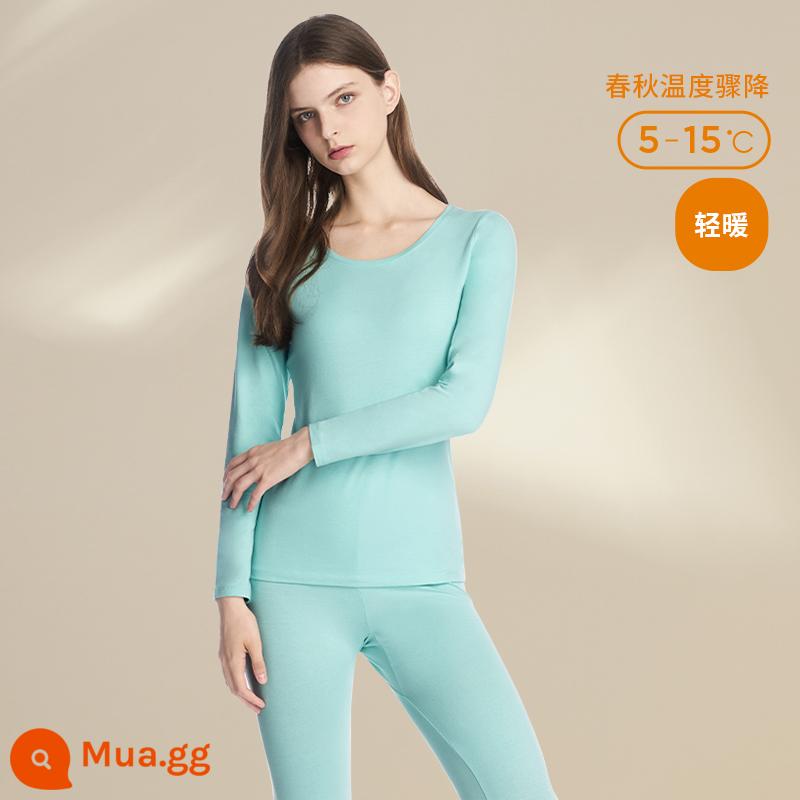 Quần áo làm nóng ba khẩu súng của đàn ông Đồ lót giữ nhiệt cotton đàn hồi Lycra cổ tròn phù hợp với áo len cotton quần quần áo mùa thu của phụ nữ quần vệ sinh nam - Xanh bạc hà (Cổ tàu)