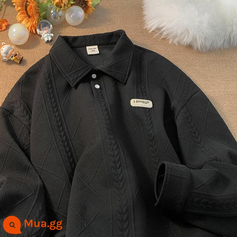 Linding dày màu trắng dày cotton t người đàn ông mùa thu và mùa đông thương hiệu dài -sleeved áo polo cặp đôi ve áo - đen