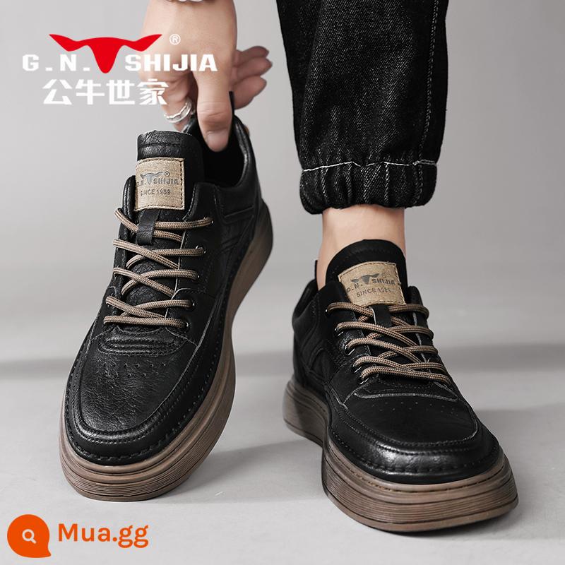 Bull Family Giày Nam Mùa Thu Đông 2022 Mới Plus Nhung Cotton Giày Da Thường Nam Giày Sneaker Da Xu Hướng - đen