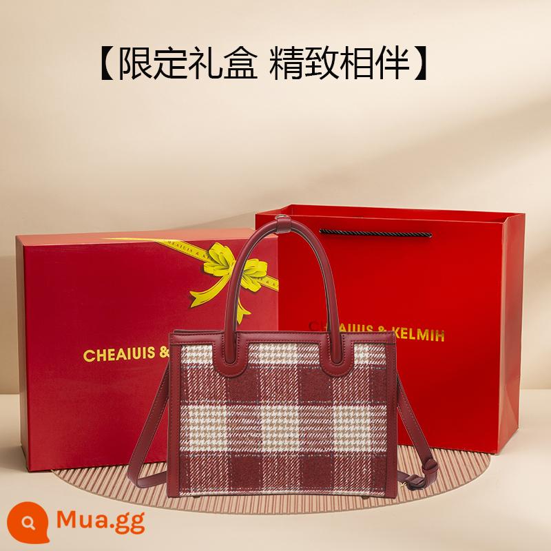 Túi Houndstooth màu đỏ cho đám cưới nữ 2023 túi cưới mới sức chứa lớn dành cho nữ túi xách đeo chéo cao cấp của cô dâu - 3127 rượu vang đỏ + hộp quà màu đỏ, tặng khăn lụa + túi quà