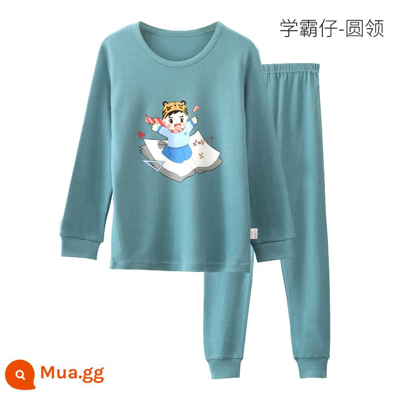 Bộ quần áo mùa thu và quần vệ sinh bé trai Hengyuanxiang Bộ quần áo cotton nguyên chất cho trẻ em Quần lót bé trai trẻ trung và lớn 2023 Áo len cotton mới - Cậu bé cổ tròn Xueba