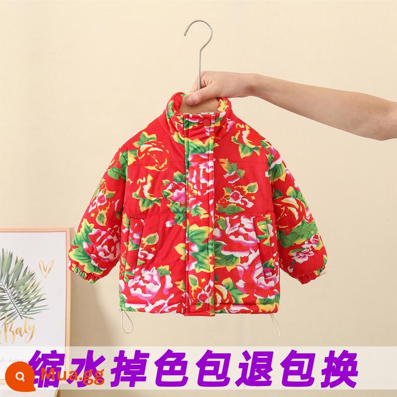 Bộ đồ vải hoa to Đông Bắc bé trai, quần áo cotton thu đông bé gái, quần áo đón tết cho bé, áo khoác cotton và quần cotton năm mới cho bé - [Bông] màu đỏ