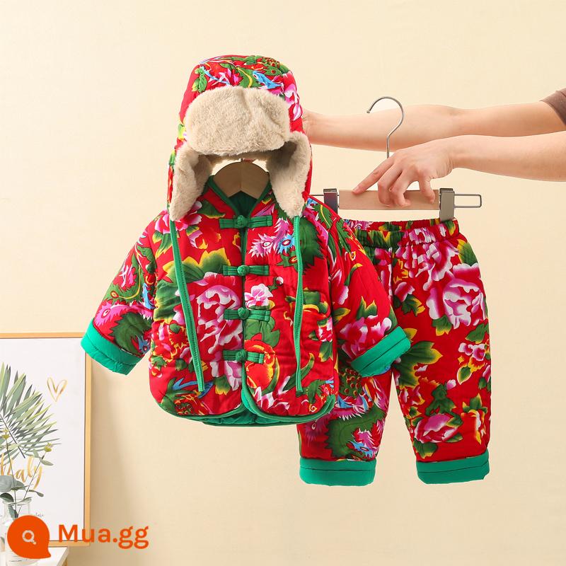 Bộ đồ vải hoa to Đông Bắc bé trai, quần áo cotton thu đông bé gái, quần áo đón tết cho bé, áo khoác cotton và quần cotton năm mới cho bé - [Túi giữa] Bộ ba mảnh màu đỏ, thu nhỏ, nên tăng một cỡ.