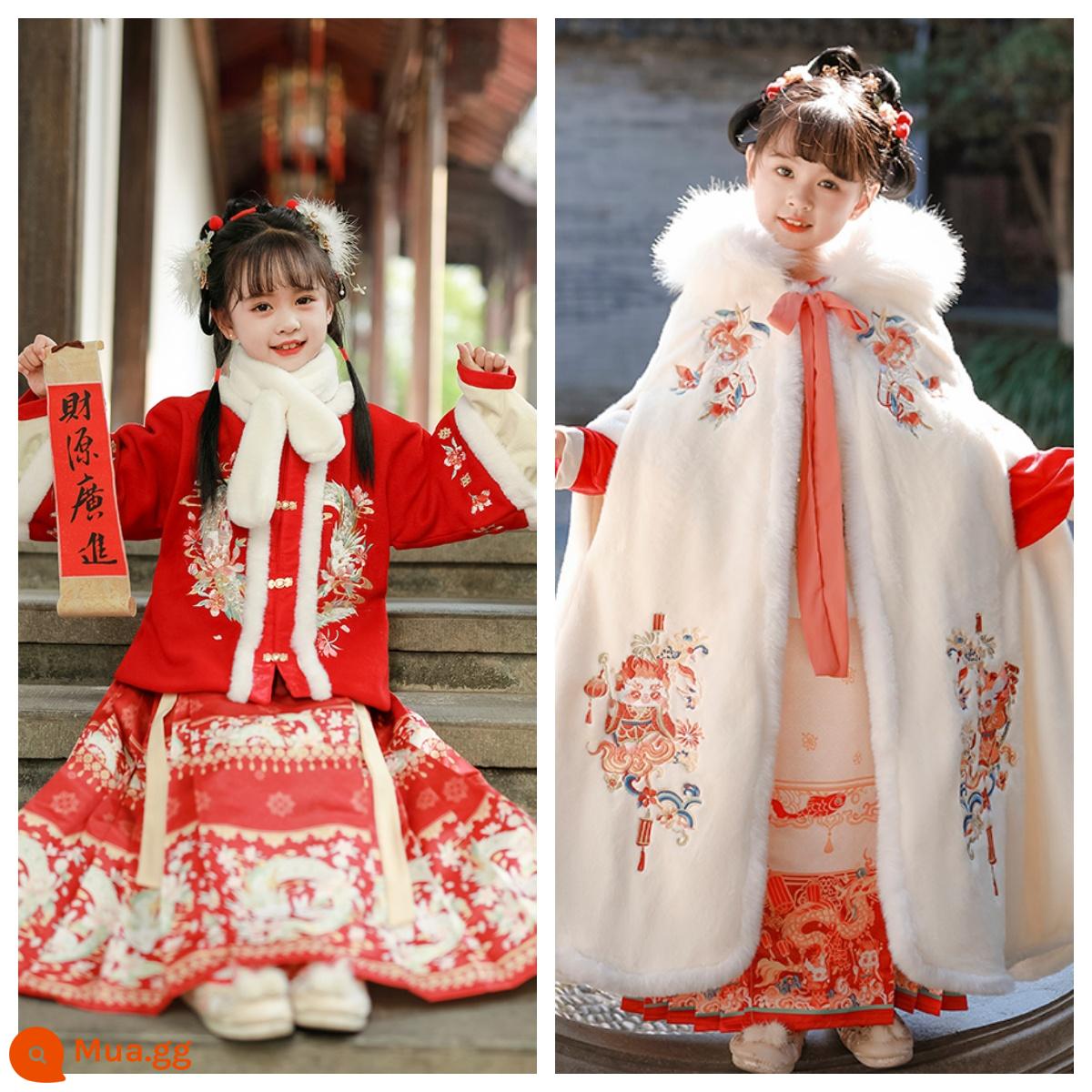 Áo choàng bé gái áo choàng mùa đông Hanfu bé cộng với nhung dày phong cách Trung Quốc Quần áo năm mới cho trẻ em đi chơi trang phục cổ trang thu đông - Rồng trắng nhỏ và thỏ ngọc Hanfu đỏ + cổ áo lông + áo choàng rồng tốt lành