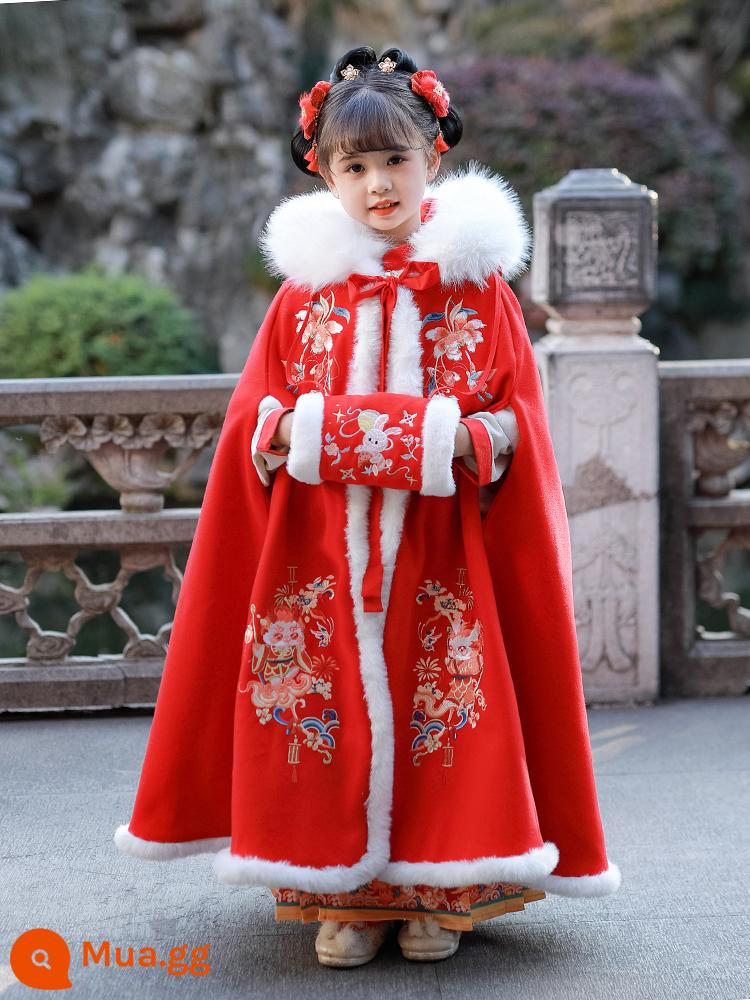 Áo choàng bé gái áo choàng mùa đông Hanfu bé cộng với nhung dày phong cách Trung Quốc Quần áo năm mới cho trẻ em đi chơi trang phục cổ trang thu đông - Áo choàng dày nhung đỏ Xianglong + che tay