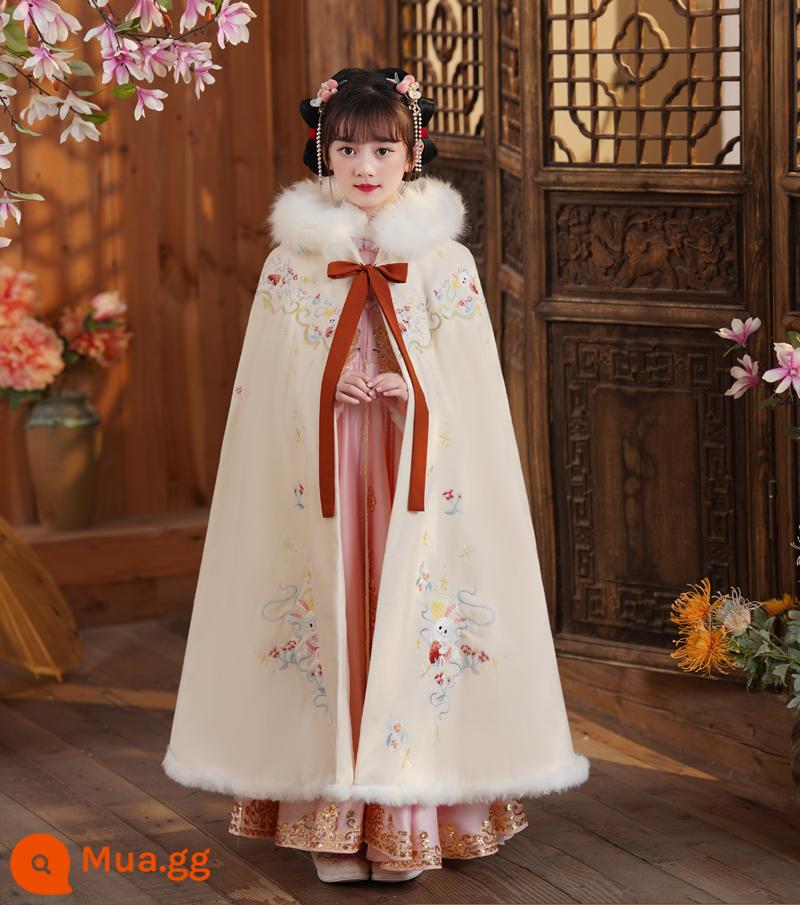 Áo choàng bé gái áo choàng mùa đông Hanfu bé cộng với nhung dày phong cách Trung Quốc Quần áo năm mới cho trẻ em đi chơi trang phục cổ trang thu đông - Thỏ ngọc cộng với áo choàng nhung dày