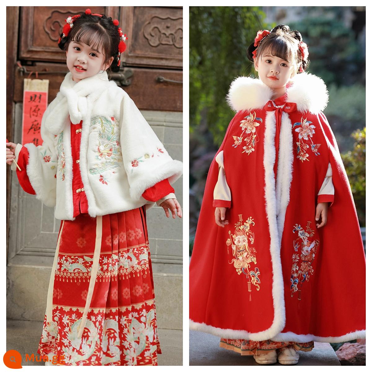 Áo choàng bé gái áo choàng mùa đông Hanfu bé cộng với nhung dày phong cách Trung Quốc Quần áo năm mới cho trẻ em đi chơi trang phục cổ trang thu đông - Hanfu Rồng Trắng Nhỏ và Thỏ Ngọc + Cổ Lông + Áo Choàng Rồng Đỏ