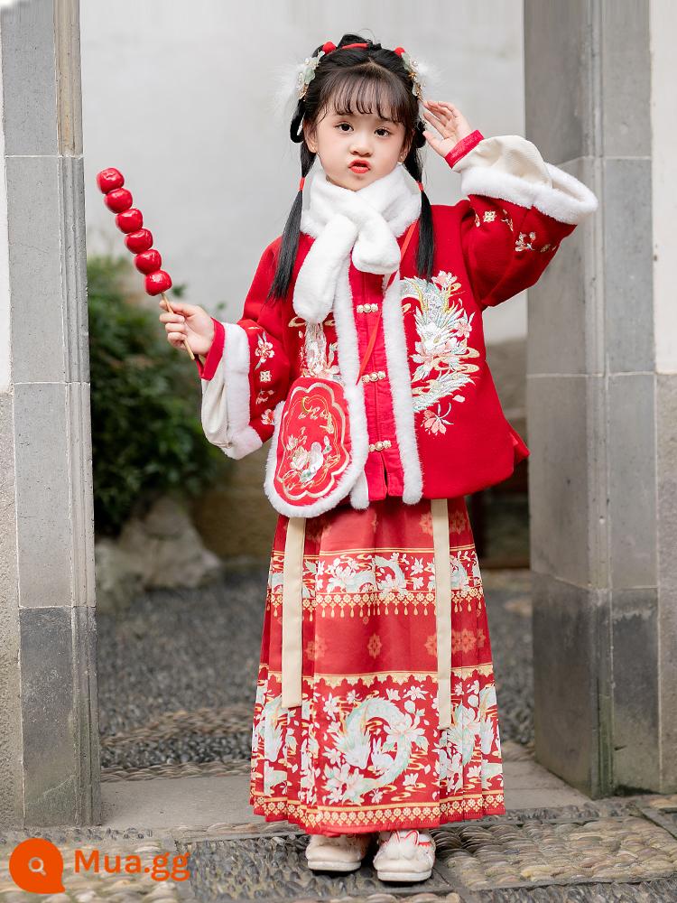 Áo choàng bé gái áo choàng mùa đông Hanfu bé cộng với nhung dày phong cách Trung Quốc Quần áo năm mới cho trẻ em đi chơi trang phục cổ trang thu đông - Bộ đồ chúc mừng năm mới màu đỏ dày mới [cổ lông miễn phí] + túi