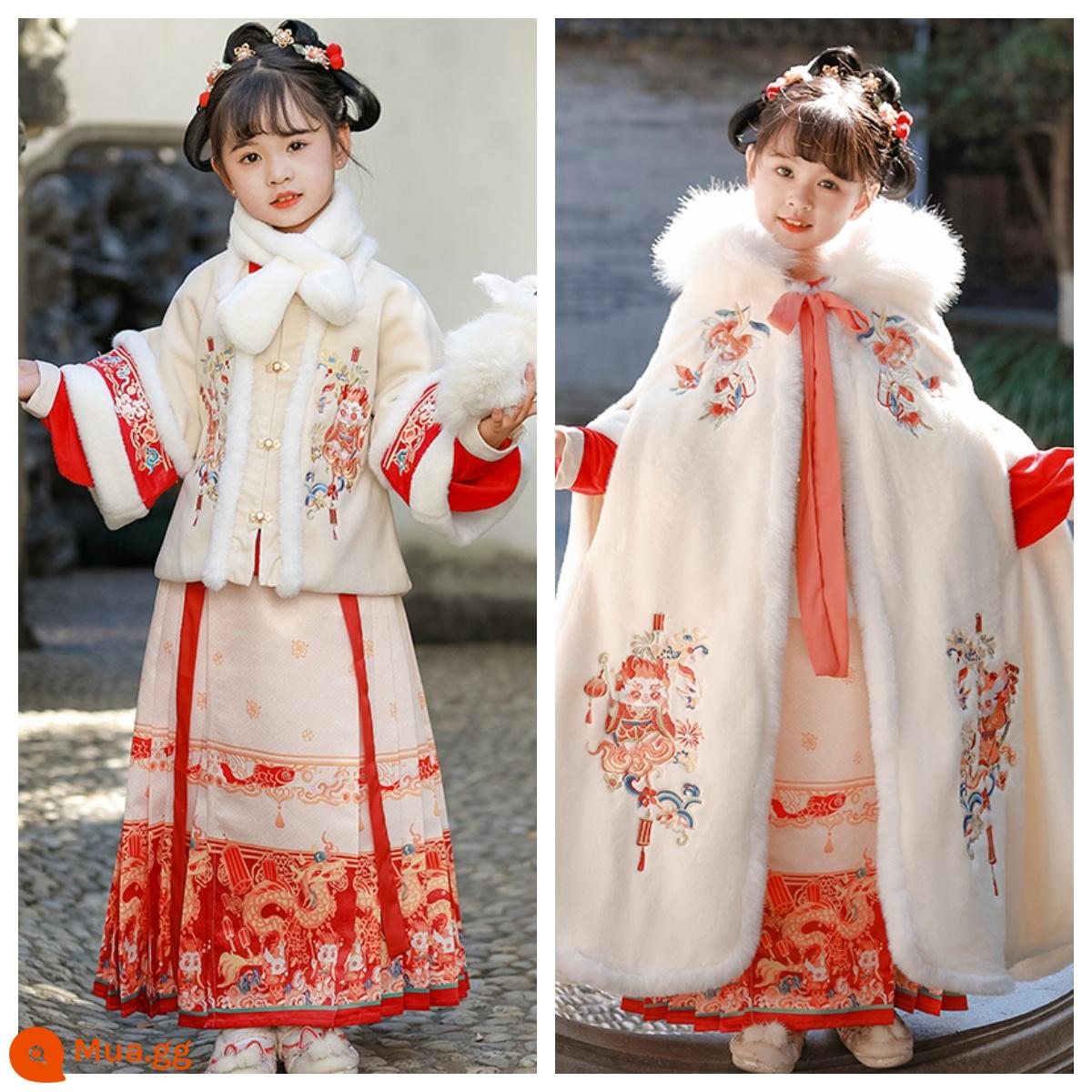 Áo choàng bé gái áo choàng mùa đông Hanfu bé cộng với nhung dày phong cách Trung Quốc Quần áo năm mới cho trẻ em đi chơi trang phục cổ trang thu đông - Bộ ba món áo khoác Xianglong + cổ lông + áo choàng Xianglong