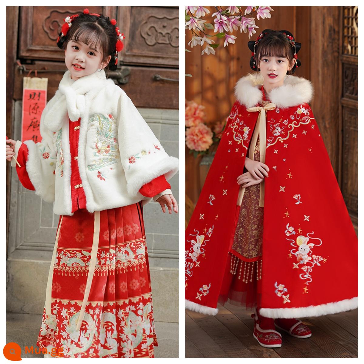 Áo choàng bé gái áo choàng mùa đông Hanfu bé cộng với nhung dày phong cách Trung Quốc Quần áo năm mới cho trẻ em đi chơi trang phục cổ trang thu đông - Hanfu Rồng Trắng Nhỏ và Thỏ Ngọc + Cổ Lông + Áo Choàng Đỏ Thỏ Ngọc