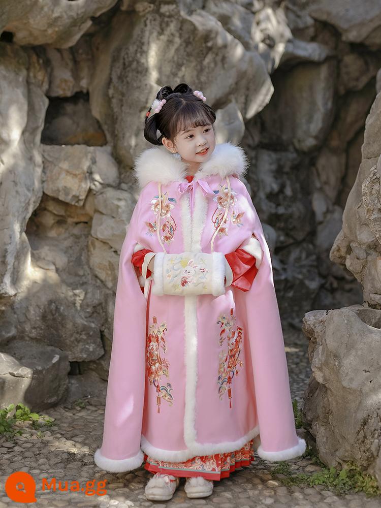 Áo choàng bé gái áo choàng mùa đông Hanfu bé cộng với nhung dày phong cách Trung Quốc Quần áo năm mới cho trẻ em đi chơi trang phục cổ trang thu đông - Áo choàng nhung dày màu hồng Xianglong + che tay