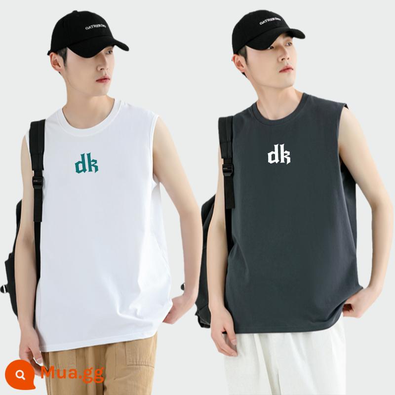 Triều Thương Hiệu Áo Thun Nam Không Tay Áo Cotton Trắng Áo Vest Nam Sinh Viên Mùa Hè Bóng Rổ Quần Áo - Trắng xanh DK + xám trắng cao cấp DK 2 chiếc áo thun không tay