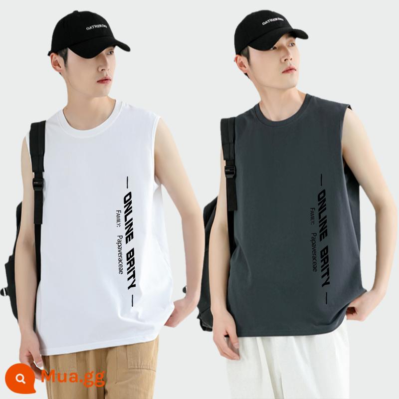 Triều Thương Hiệu Áo Thun Nam Không Tay Áo Cotton Trắng Áo Vest Nam Sinh Viên Mùa Hè Bóng Rổ Quần Áo - ONL trắng + xám cao cấp ONL 2 chiếc áo thun không tay