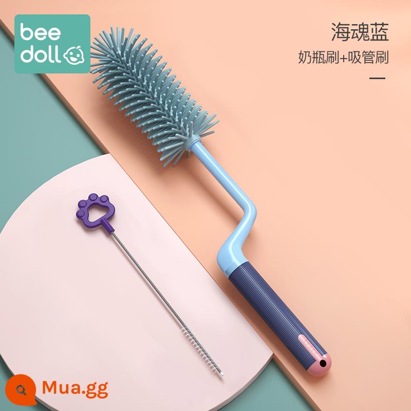 Cọ rửa bình sữa bằng silicone cho bé Cọ núm vú cho bé Cọ rơm Cọ xoay rửa bình Cọ rửa sạch Bàn chải cọ rửa Bộ cọ vệ sinh - [Bộ 2 món Sea Soul Blue] Bàn chải chai xoay + Bàn chải rơm (Tím)