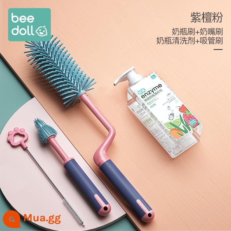 Cọ rửa bình sữa bằng silicone cho bé Cọ núm vú cho bé Cọ rơm Cọ xoay rửa bình Cọ rửa sạch Bàn chải cọ rửa Bộ cọ vệ sinh - [Bộ 3 viên bột gỗ đàn hương đỏ xoay] + dung dịch vệ sinh chai (300ml)