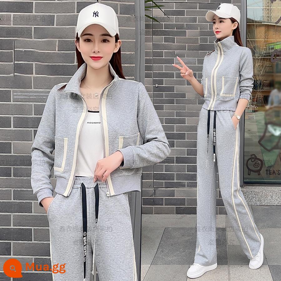 Bộ đồ thể thao và giải trí Cardigan nữ mùa xuân 2023 phiên bản mới của Hàn Quốc quần ống rộng và mỏng phong cách nước ngoài bộ hai mảnh - xám