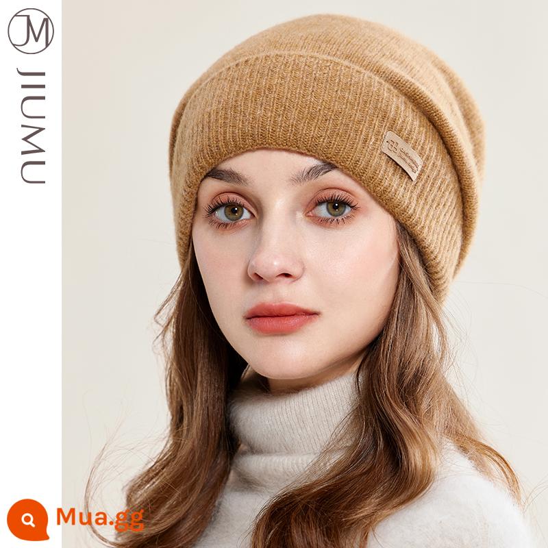 Mũ len cashmere nguyên chất Jiumu dành cho nữ mùa thu đông phiên bản Hàn Quốc dày dặn ấm áp bảo vệ tai len dệt kim đống quà tặng mũ lạnh - lạc đà đen