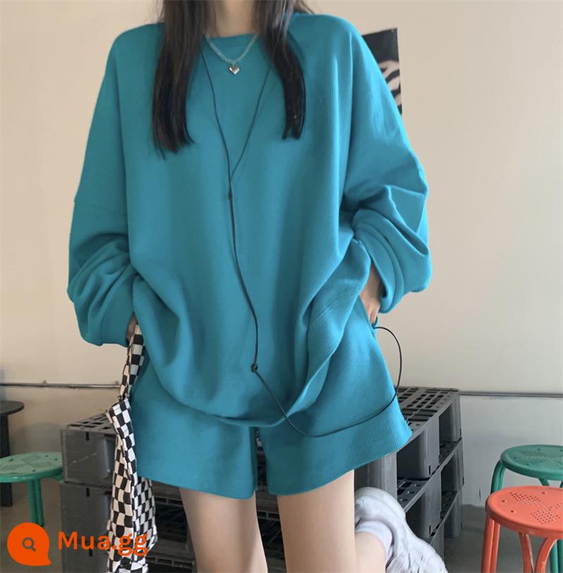 Walv Geng Sports Casual Set Spring Spring and Autumn Poor Loose BF Lazy Student Fashion Fashion Set - màu xanh da trời