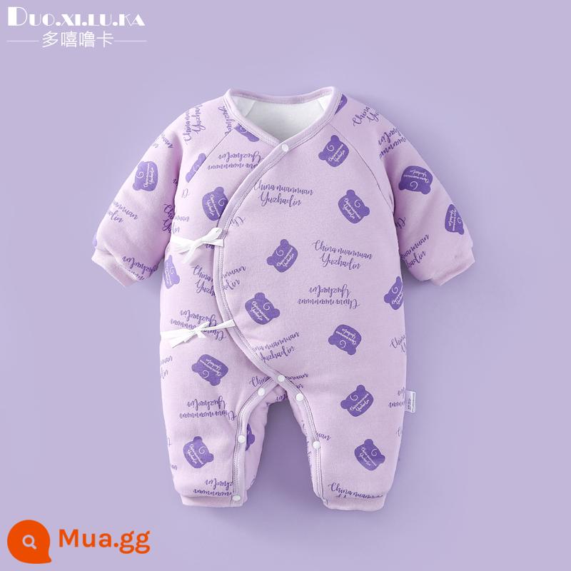 Jumpsuit sơ sinh mùa đông trăng tròn quần áo trẻ em nam nữ cho bé chần bông không xương nhà sư quần áo áo liền quần ấm áp sớm - đầu gấu tím