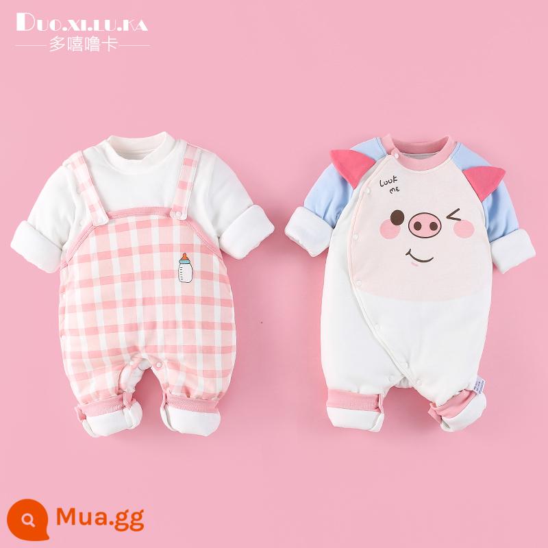 2 mảnh áo liền quần cho bé mùa đông dày ấm đệm bông sơ sinh độn áo liền quần cotton cho bé quần áo phong cách nước ngoài hợp thời trang - Túi xách cho bé, bình sữa kẻ caro hồng + heo xanh