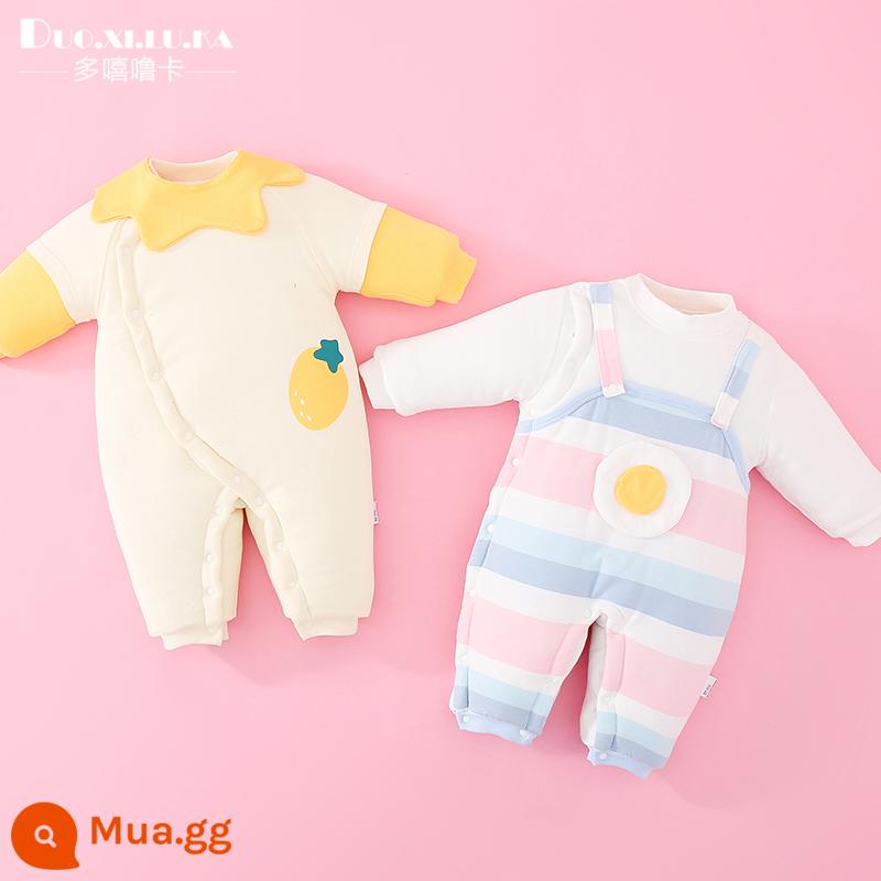 2 mảnh sơ sinh áo liền quần mùa thu đông cotton ấm quần áo dày nam bé nữ bé đi ra ngoài triều - Dâu tây màu vàng + dải màu túi bé