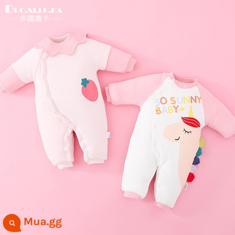 2 mảnh sơ sinh áo liền quần mùa thu đông cotton ấm quần áo dày nam bé nữ bé đi ra ngoài triều - Dâu hồng + kỳ lân hồng