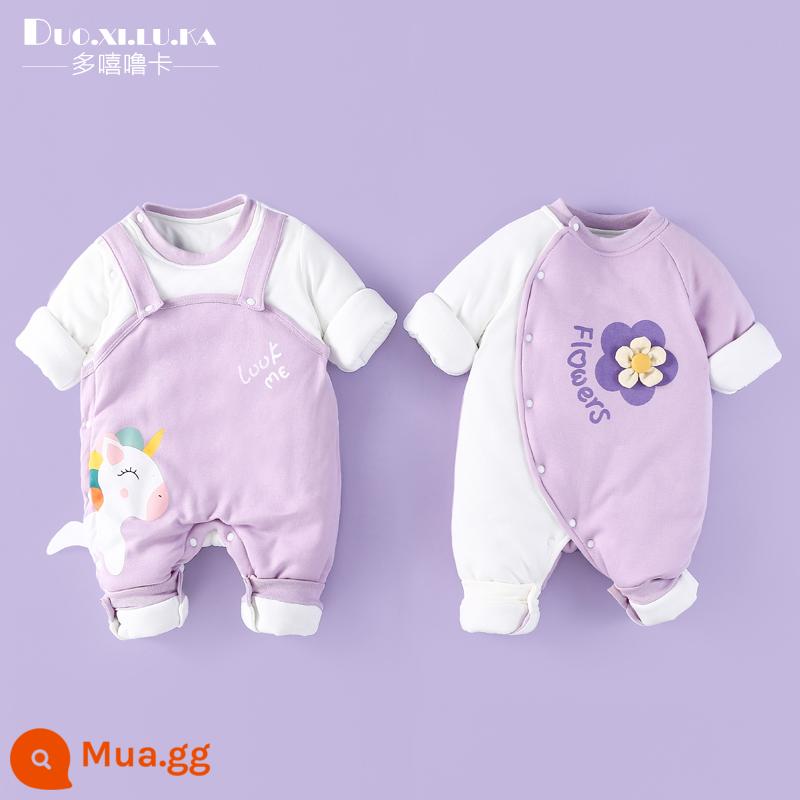 2 mảnh áo liền quần cho bé mùa đông dày ấm đệm bông sơ sinh độn áo liền quần cotton cho bé quần áo phong cách nước ngoài hợp thời trang - Kỳ lân tím trắng + hoa tím trắng