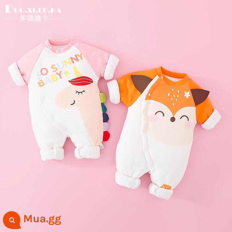 2 mảnh sơ sinh áo liền quần mùa thu đông cotton ấm quần áo dày nam bé nữ bé đi ra ngoài triều - Kỳ lân hồng + cáo cam