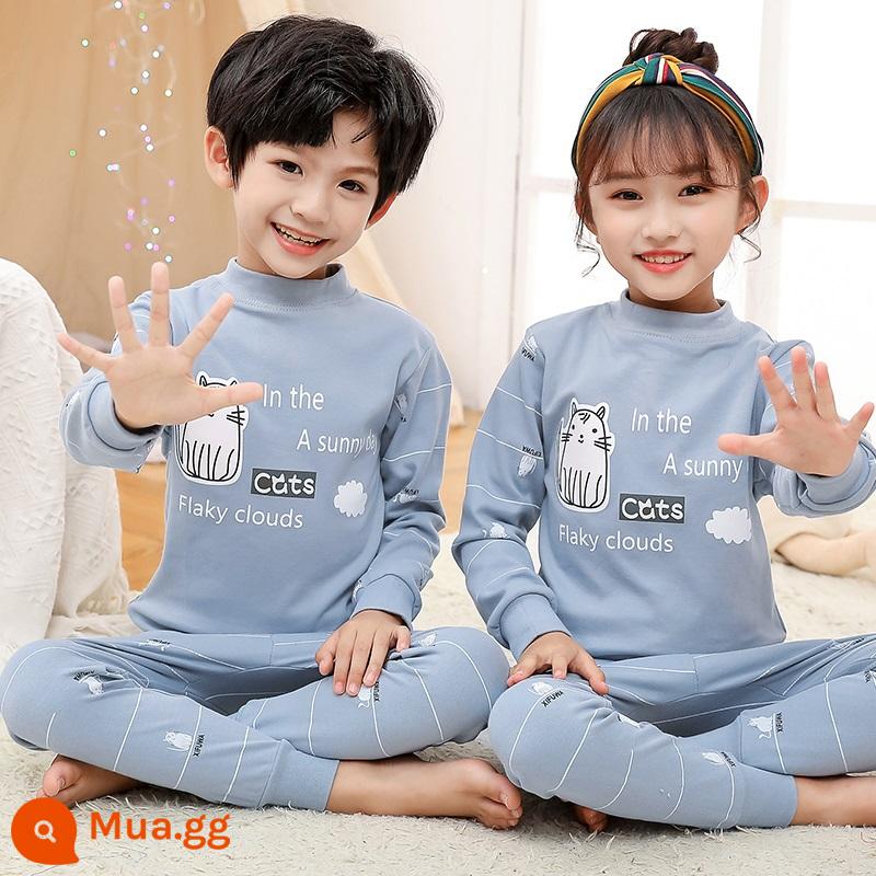 Bộ đồ lót trẻ em bằng cotton nguyên chất, áo len cotton mùa thu đông cho trẻ em cỡ lớn, áo len mỏng dài tay cho bé trai và bé gái, quần áo mùa thu cho bé, quần vệ sinh - Mèo xám bạc (cổ giữa)