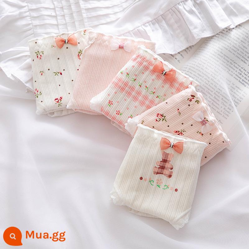 Quần lót cotton cho bé gái từ trung tuổi trở lên quần an toàn quần sịp cotton cho bé gái 100% cotton kháng khuẩn 12-15 tuổi - Bộ gấu hoa xanh hồng mới 5 món