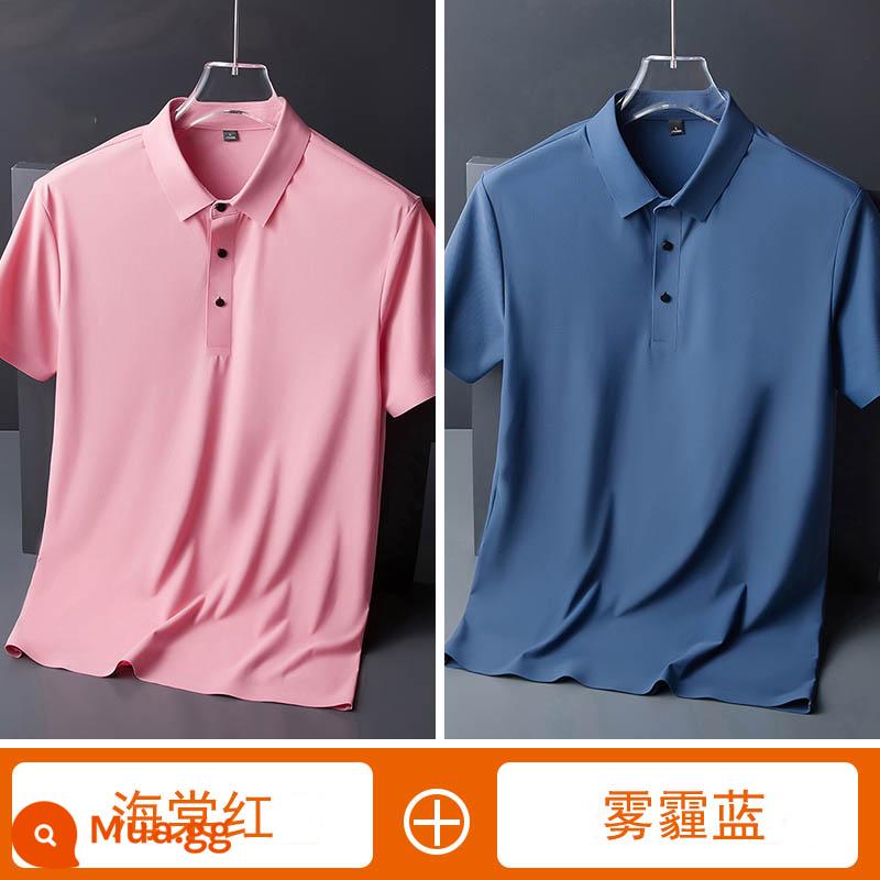 Áo sơ mi polo lụa băng không đánh dấu xu hướng mùa hè dành cho nam áo thun ngắn tay có ve áo rộng, phần mỏng, bộ trang phục bố thoáng khí nhanh khô - [2 gói] Màu đỏ thu hải đường + Xanh lam