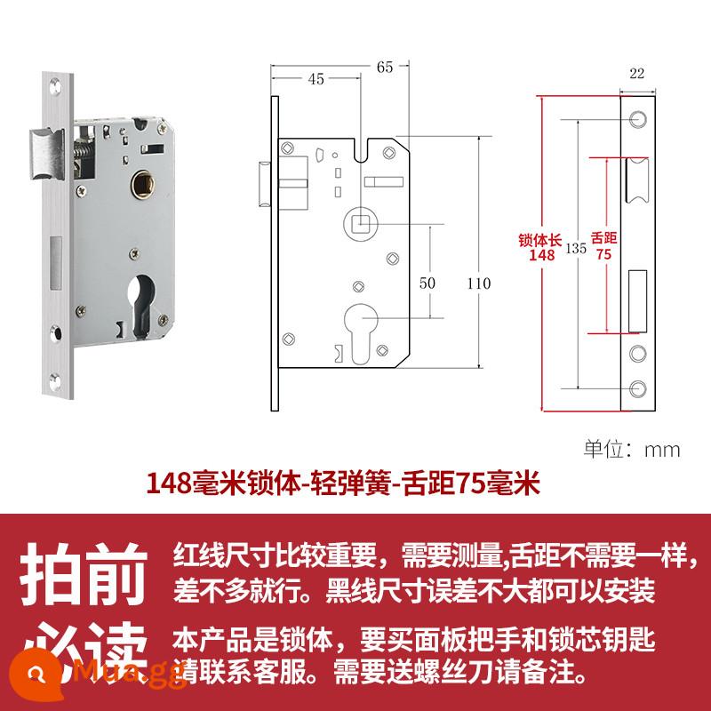 Thép không gỉ thân khóa lõi khóa trong nhà phòng ngủ chốt cửa khóa cửa gỗ đa năng cửa phòng bộ khóa phòng hộ gia đình tắt tiếng - 148 lò xo-lưỡi khoảng cách nhẹ 75