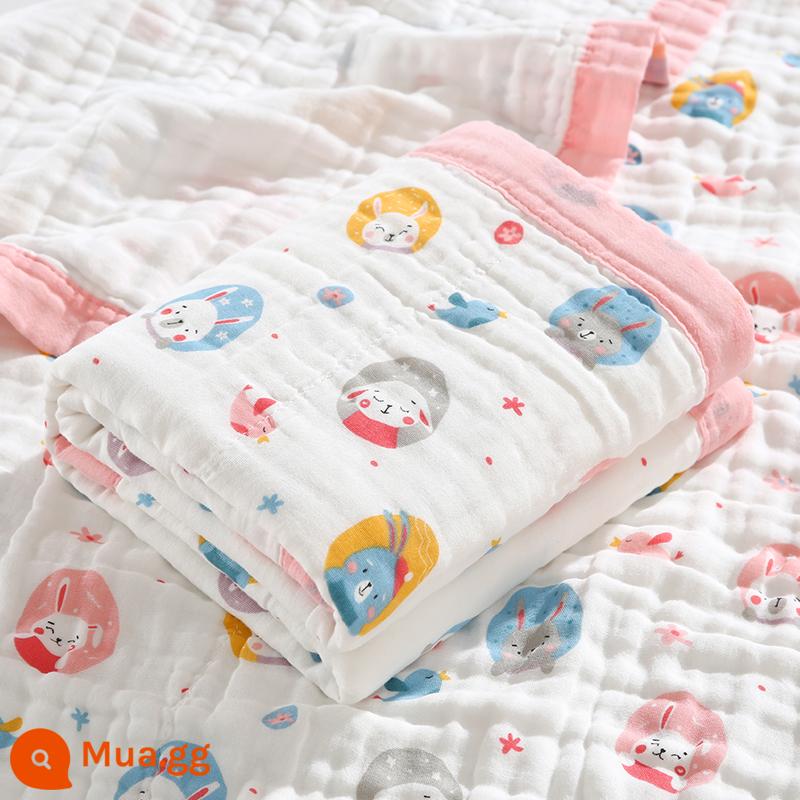 Khăn tắm cho bé sơ sinh cotton nguyên chất siêu mềm thấm hút khăn lớn khăn tắm cho bé sơ sinh trẻ em hoạt hình - Thiên đường thỏ viền hồng 6 lớp/110*110cm [bông chải kỹ mật độ cao kèm khăn vuông]