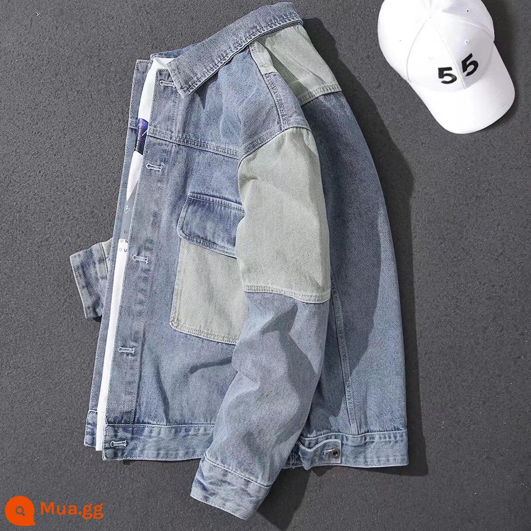 Áo khoác denim mùa xuân cho nam Phong cách Hàn Quốc Áo khoác bảo hộ lao động dáng rộng Thương hiệu hợp thời trang Nhật Bản Đường khâu màu sắc tương phản Áo khoác mùa xuân và mùa thu - 1813 màu xanh