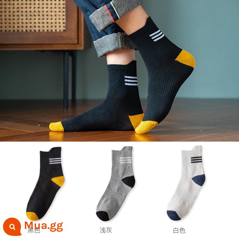 Vớ nam tính giữa, mồ hôi, mùa xuân đen, mùa thu và mùa đông nam không -cotton Stockings Thể thao Hệ thống Nhật Bản - Đen + xám nhạt + trắng (ba cặp)