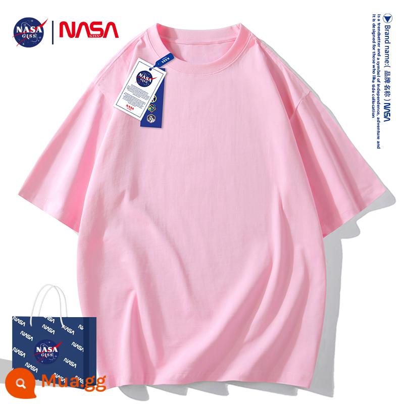 NASA doanh đồng màu áo thun ngắn tay nam nữ cặp đôi mẫu dáng rộng cổ tròn cotton nguyên chất thủy triều nặng thương hiệu áo thun trắng - Hồng