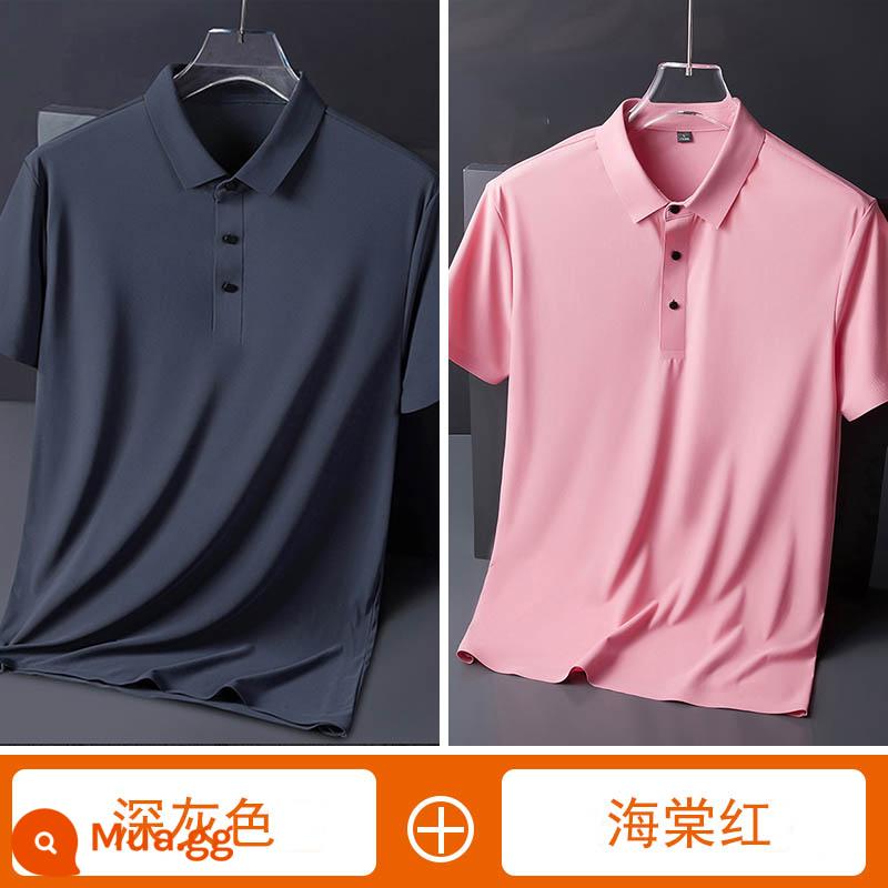 Áo sơ mi polo lụa băng không đánh dấu xu hướng mùa hè dành cho nam áo thun ngắn tay có ve áo rộng, phần mỏng, bộ trang phục bố thoáng khí nhanh khô - [2 gói] Xám đậm + Đỏ thu hải đường