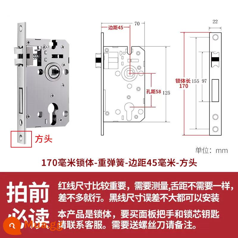 Thép không gỉ thân khóa lõi khóa trong nhà phòng ngủ chốt cửa khóa cửa gỗ đa năng cửa phòng bộ khóa phòng hộ gia đình tắt tiếng - Đầu lò xo có trọng lượng 170, đầu vuông 45