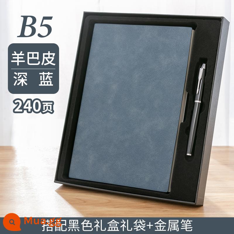 Máy tính xách tay kinh doanh tùy chỉnh phụ notepad b5 sách văn phòng lớn dày văn phòng phẩm nhật ký sinh viên tùy chỉnh có thể in logo đọc ghi chú bán buôn tùy chỉnh - B5 hộp đen da cừu xanh đậm + bút kim loại