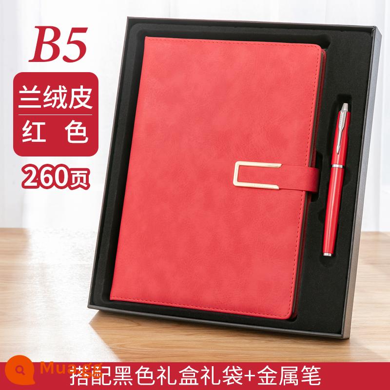 Máy tính xách tay kinh doanh tùy chỉnh phụ notepad b5 sách văn phòng lớn dày văn phòng phẩm nhật ký sinh viên tùy chỉnh có thể in logo đọc ghi chú bán buôn tùy chỉnh - B5 lớn màu đỏ xanh nhung da đen hộp + bút kim loại