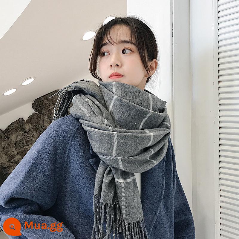 Khăn quàng cổ giả cashmere mùa đông nữ cao cấp cảm giác phiên bản Hàn Quốc của những cô gái dễ thương Tiếng Anh dày dặn phù hợp với tất cả các khăn kẻ sọc tua rua - Màu xám đen