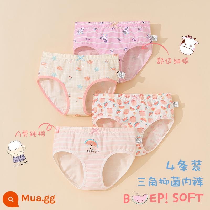 Quần lót bé gái cotton nguyên chất quần đùi cotton tam giác trẻ em không cắt pp bé gái học sinh tiểu học 100% - Gói 743+745-4 [sản phẩm kháng khuẩn mới được nâng cấp]