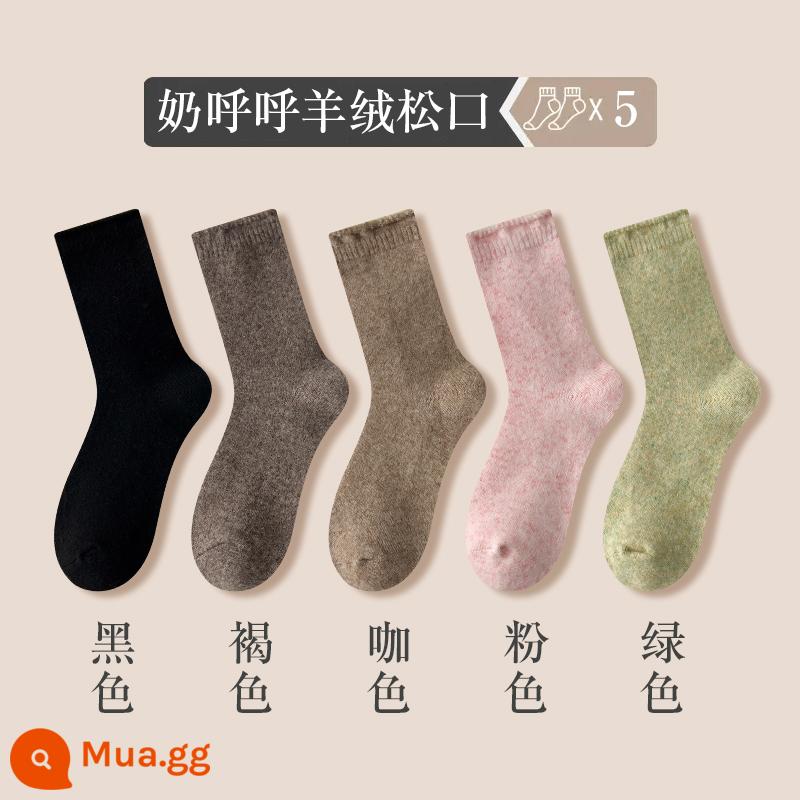 Sang Trọng Tất Nữ Mùa Thu Đông Len Giữa Ống Tất Dày Cashmere Màu Kẹo Tất Lông Ấm Áp Giấc Ngủ giam Tất - [Thành phần 4] 5 đôi - đen + nâu + cà phê + hồng + xanh