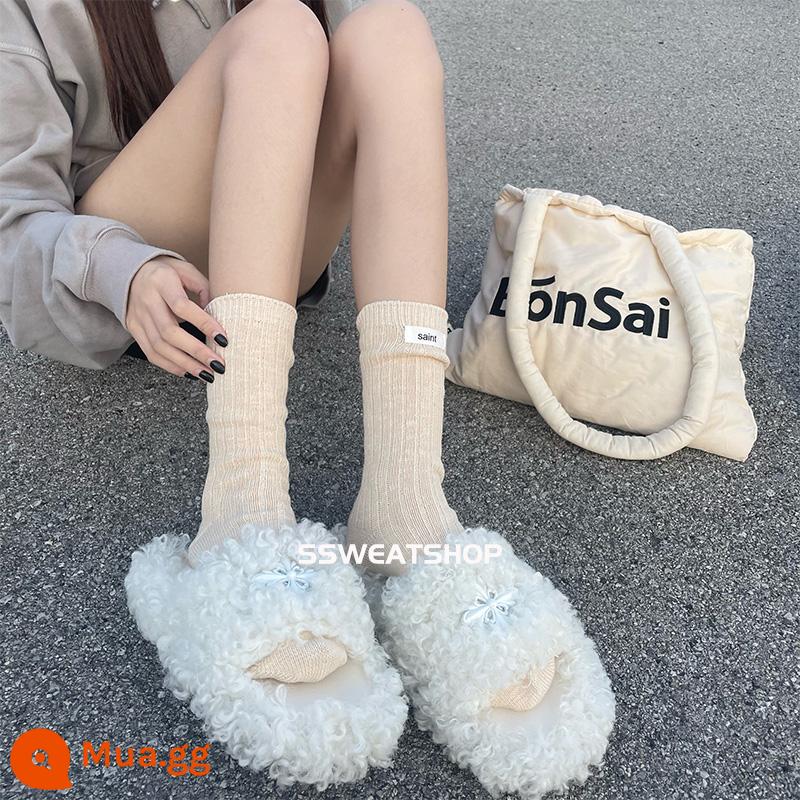 SSWEASHOP Vải Nhật tiêu chuẩn cotton tre AB vớ len nữ cặp đôi dày đường may tiêu chuẩn ống giữa vớ ins triều vớ - Be