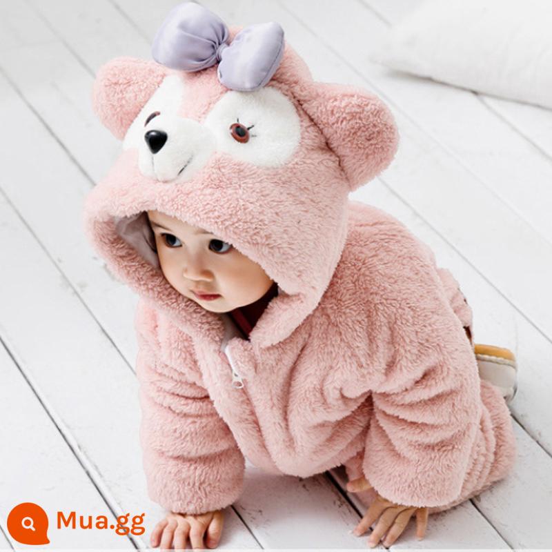 Jumpsuit cho bé siêu đáng yêu, quần áo cotton thu đông, bé nam nữ, bé 1 tuổi đi chơi, quần áo dày dặn - Phiên bản dày màu đỏ nhạt