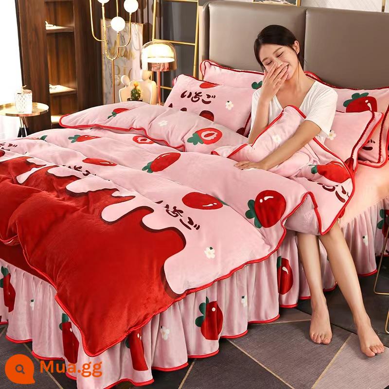 Dày nhung sữa bốn món mùa thu và mùa đông giường ấm áp chăn flannel san hô nhung 2 mặt cộng với nhung giường váy - Sữa chua dâu