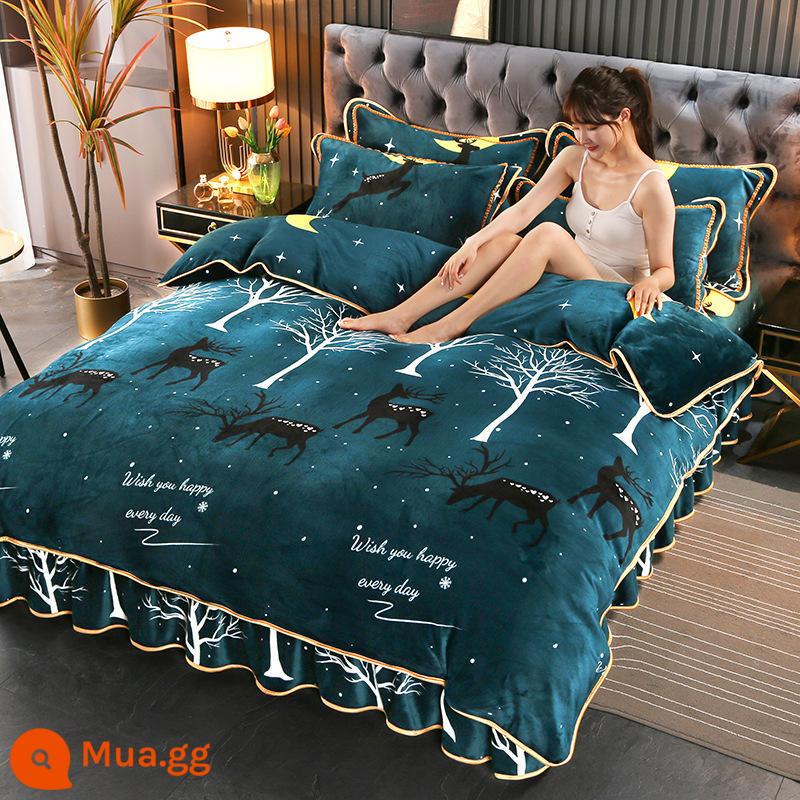 Dày nhung sữa bốn món mùa thu và mùa đông giường ấm áp chăn flannel san hô nhung 2 mặt cộng với nhung giường váy - Nai sừng tấm đầy sao