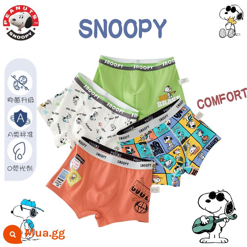 Quần lót trẻ em Snoopy bé trai cotton nguyên chất góc phẳng quần đùi bé trai mùa hè trẻ em 100% - S1003+S1013 (Bộ 4 bông kháng khuẩn nguyên chất Snoopy)