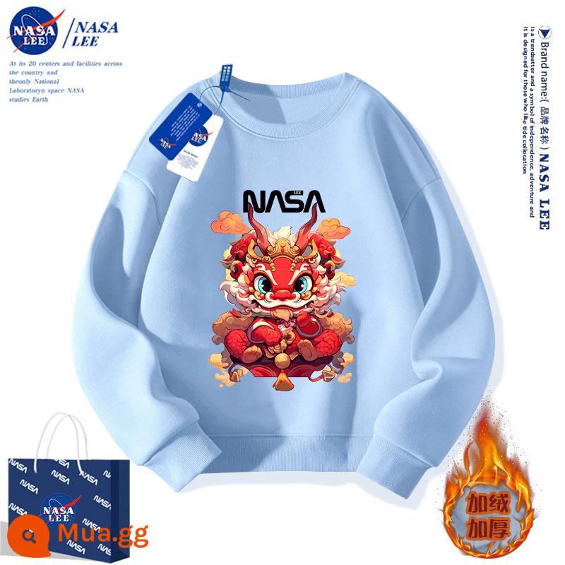 NASA cotton dày màu đỏ T bé trai mùa đông bé gái 12 tuổi mùa thu đông cộng với nhung 2024 Quần áo năm con Rồng cho trẻ em - Mẫu nhung màu xanh khói [Mẫu 1]